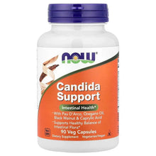 NOW Candida Support bottle, purple cap; front label shows 90 veg capsules