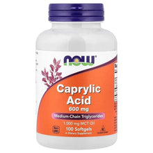 NOW Foods caprylic acid 600 mg softgels bottle with purple cap and orange label