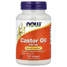 Castor oil softgel bottle with blue cap and 650 mg label