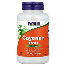 NOW Cayenne 500 mg veg capsules bottle front label, purple cap, orange label
