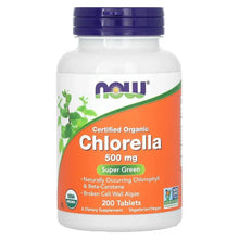 Organic chlorella supplement bottle with purple cap and front label, 200 tablets