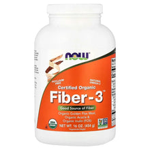 Organic fiber supplement bottle with orange Certified Organic Fiber-3 label