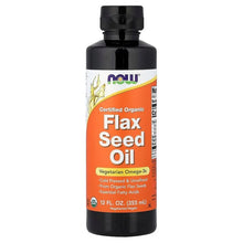 NOW Certified Organic flax seed oil bottle with black cap and orange front label