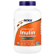 Certified organic inulin prebiotic powder bottle with purple cap, orange label