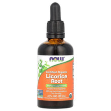 Licorice root herbal supplement bottle, amber liquid with black dropper cap