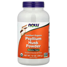 NOW Certified Organic Psyllium Husk Powder bottle, purple cap, orange front label