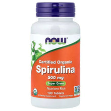 Organic spirulina supplement bottle, 500 mg, 100 tablets, certified organic label