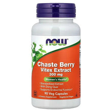 NOW Chaste Berry Vitex extract bottle with blue cap and orange label, 90 veg capsules
