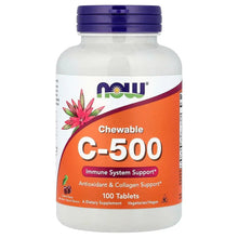 NOW Chewable C-500 supplement bottle with blue cap and orange label, 100 tablets