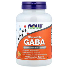 Chewable GABA supplement bottle with orange label, purple cap, 90 tablets