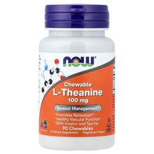 NOW Chewable L-Theanine berry supplement bottle, 90 chewables with purple cap