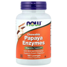 NOW chewable papaya enzymes supplement bottle with purple cap, 180 lozenges label