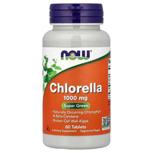 NOW Chlorella 1000 mg bottle with purple cap and orange label, front view