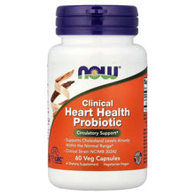 Probiotic supplement bottle with blue cap and orange Clinical Heart Health label