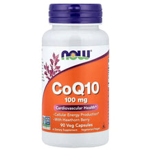 CoQ10 supplement bottle with purple cap and orange front label, 100 mg and 90 veg capsules