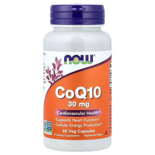 NOW CoQ10 supplement bottle with purple cap and orange CoQ10 label, 30 mg