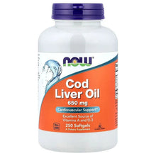 NOW cod liver oil bottle, 650 mg label, 250 softgels