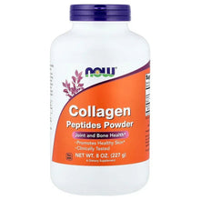 Collagen peptides powder bottle, white bottle with purple cap and orange front label