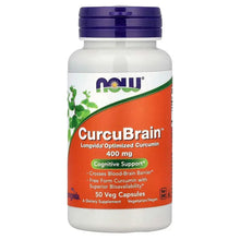 Supplement bottle with purple cap, orange label, 400 mg CurcuBrain, 50 veg capsules