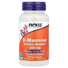 NOW Foods D-Mannose 500 mg bottle, purple cap; front label reads urinary support