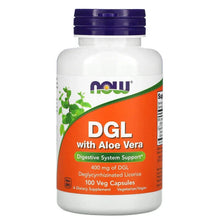 NOW DGL with Aloe Vera supplement bottle, 100 vegetarian capsules label