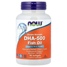 NOW fish oil softgels bottle with blue cap and orange DHA-500 label