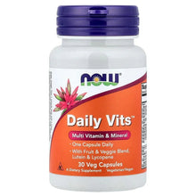 NOW Foods Daily Vits multivitamin bottle, purple cap, orange label, 30 veg capsules