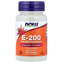 NOW E-200 vitamin E supplement bottle with blue cap and mixed tocopherols front label