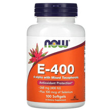 NOW Foods E-400 vitamin E softgels bottle with orange label and blue cap