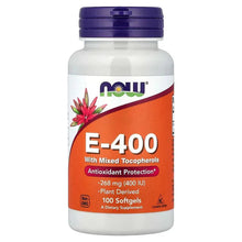 Vitamin E supplement bottle with purple cap, white body, and orange E-400 label