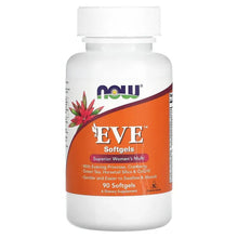 NOW EVE Softgels bottle with orange label, 90 softgels text, and white cap