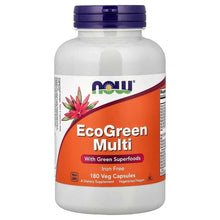 NOW EcoGreen Multi supplement bottle with purple cap and orange front label