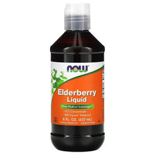 NOW Elderberry Liquid supplement bottle, orange label, dark amber liquid