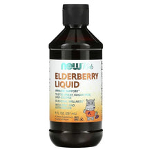 Elderberry liquid supplement bottle with child label, black cap, amber bottle
