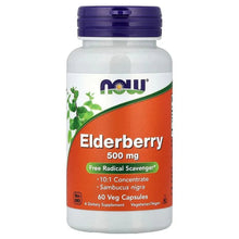 NOW Elderberry 500 mg veg capsule bottle with purple cap, front label