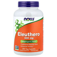 Eleuthero supplement bottle, 500 mg label, 250 veg capsules, dark purple cap