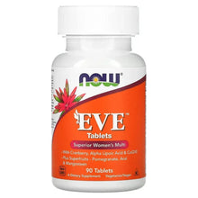 NOW Eve tablets bottle, white cap, orange label for women's multivitamins, 90 tablets