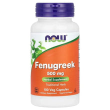 Fenugreek 500 mg herbal supplement bottle with purple cap, front label with veg capsules