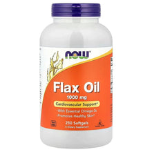 NOW flax oil softgels bottle with purple cap and orange front label
