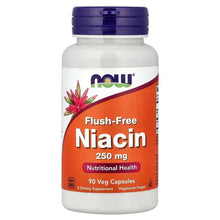 NOW Flush-Free Niacin bottle, 250 mg, 90 veg capsules, purple lid and orange label
