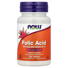 Folic acid supplement bottle with purple cap and orange label, 250 tablets