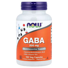 NOW Foods GABA 500 mg bottle with purple cap and orange label, 100 veg capsules