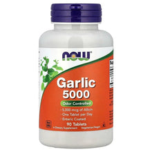 Garlic 5000 supplement bottle with purple cap and orange garlic label