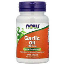 Garlic oil softgel bottle with purple cap, orange label, 1500 mg and 100 softgels