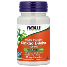 NOW Ginkgo Biloba supplement bottle, Double Strength 120 mg, 50 veg capsules