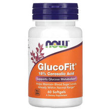 GlucoFit softgels supplement bottle with purple cap and orange label, 60 count