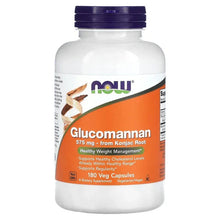 Glucomannan supplement bottle with purple cap, label shows 575 mg and 180 veg capsules