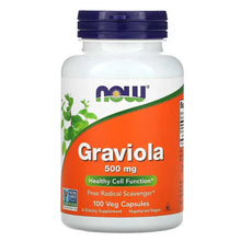 NOW Foods Graviola 500 mg bottle with green-orange label and dark blue cap