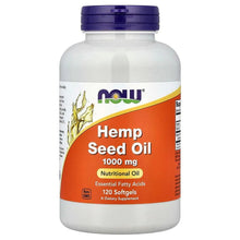Hemp seed oil softgels bottle, white with blue cap and orange front label