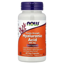 NOW Foods hyaluronic acid 100 mg bottle with blue cap, double strength, 60 veggie caps